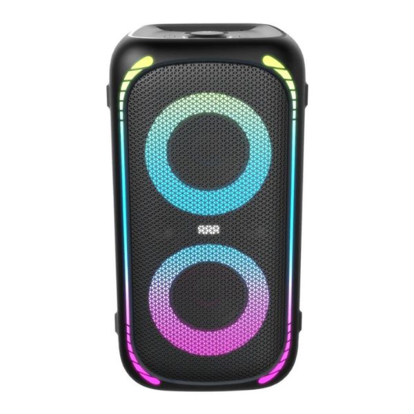 torre de sonido JVC 150W con diseño elegante y luces LED coloridas para una experiencia de audio envolvente
