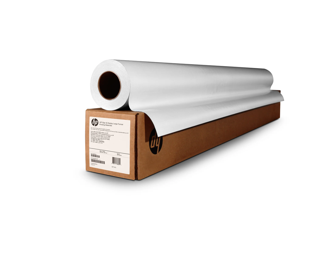 HP papel rollo heavyweigth coated 54-In 100Ft C6570C desplegado sobre caja marrón.