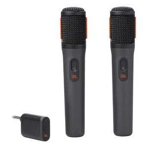 MICROFONO JBL PARTYBOX 2 PACK NEGRO con dos micrófonos inalámbricos y receptor, ideal para karaoke y eventos.