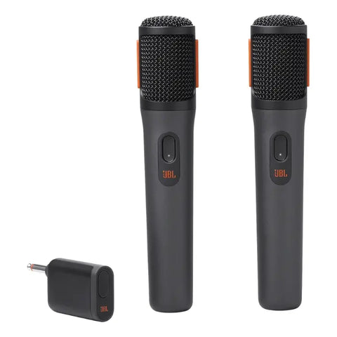 MICROFONO JBL PARTYBOX 2 PACK NEGRO con dos micrófonos inalámbricos y receptor, ideal para karaoke y eventos.