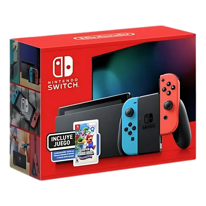 NINTENDO SWITCH V2 MARIO WONDERS NEON packaging with console, Neon Joy-Con controllers, and Super Mario Bros. Wonder game included.