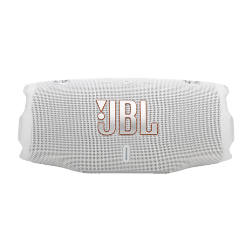 Parlante JBL Charge 6 blanco en vista frontal, diseño elegante y moderno.