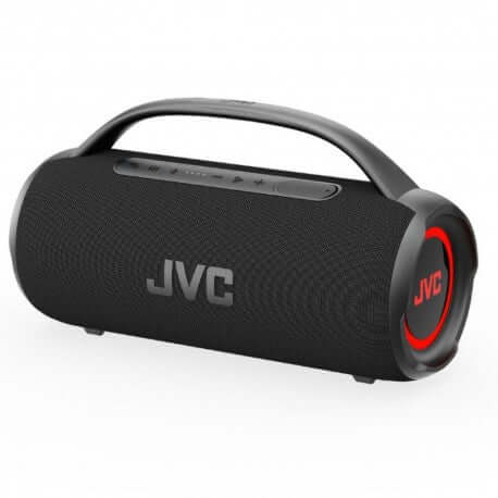 Boombox bluetooth resistente al agua JVC XS-KY5215B, 50W con anillo RGB y diseño portátil.
