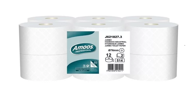 Amoos papel higienico jumbo doble hoja 180m pack 12 rollos J621827 displayed in six white rolls with product label.