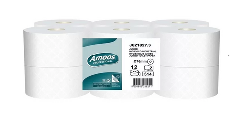 Amoos papel higienico jumbo doble hoja 180m pack 12 rollos J621827 displayed in six white rolls with product label.