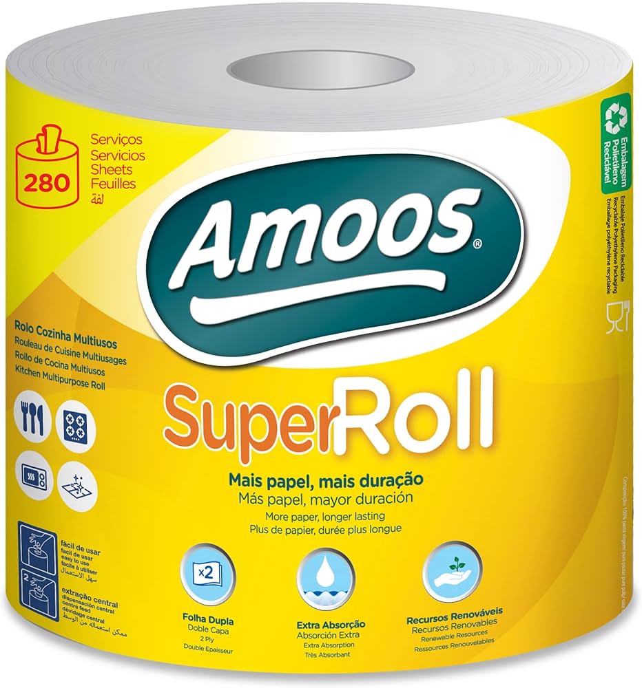 Amoos toalla mayordomo super roll doble hoja 280 h paq 6 und J627003.4 packaging showing features and benefits