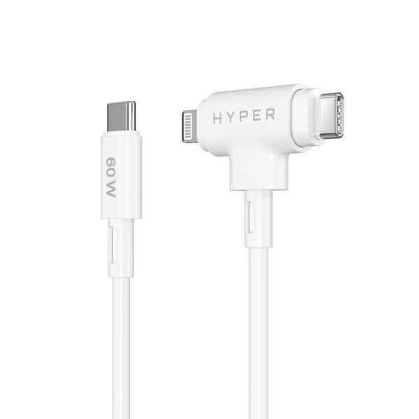 Cable de carga USB-C 60W Targus en blanco, diseño 2 en 1 para carga rápida y segura.