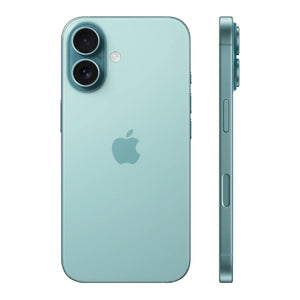 Vista trasera y lateral del CELULAR IPHONE 16 VERDE (128GB) con doble cámara y diseño elegante.