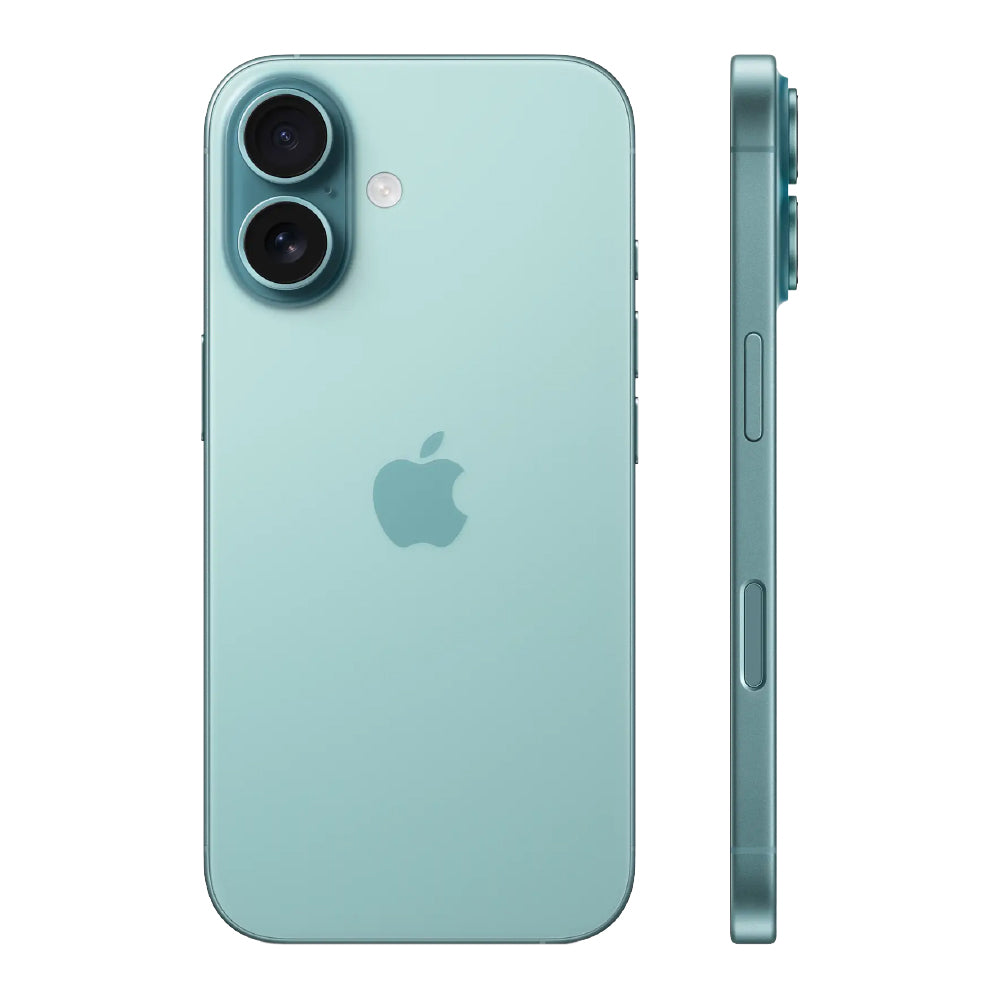 Vista trasera y lateral del CELULAR IPHONE 16 VERDE (128GB) con doble cámara y diseño elegante.