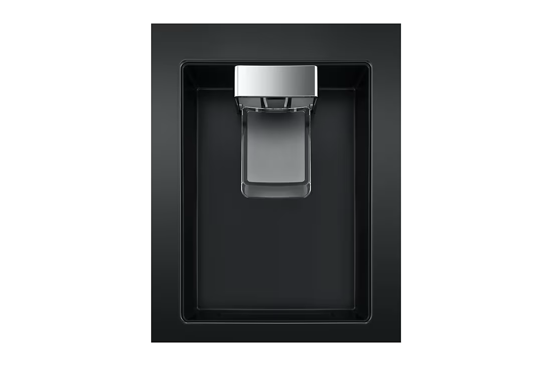 Dispensador de agua de la refrigeradora top freezer smart inverter LG en color negro mate.