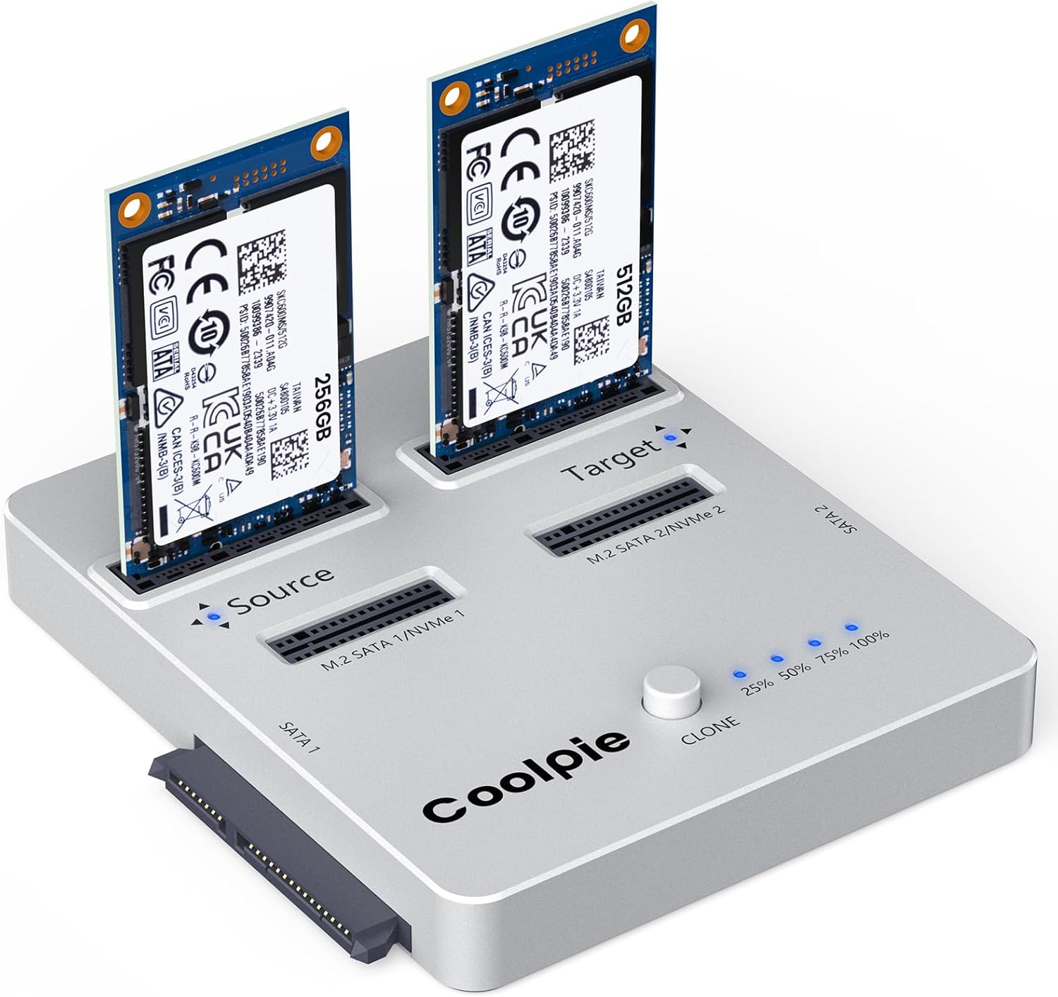 CLONADOR SSD COOLPIE CR311 3EN1 USB 3.2 (M.2 NVME/SATA, SATA 2.5?/3.5 - image of silver Coolpie cloning dock with two M.2 SSDs inserted)