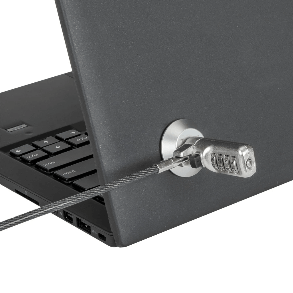 Adaptador de ranura para bloqueo de tableta asegurando un dispositivo a una superficie.