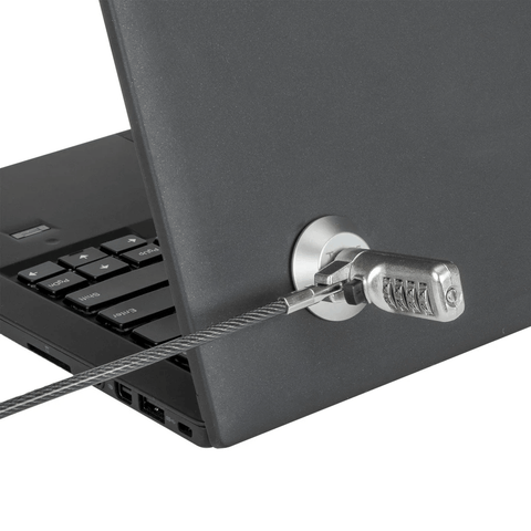 Adaptador de ranura para bloqueo de tableta asegurando un dispositivo a una superficie.