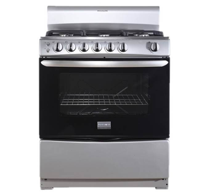 Frigidaire cocina de gas 30 pulgadas 6 quemadores silver FKGH30C3MDQG en vista frontal.