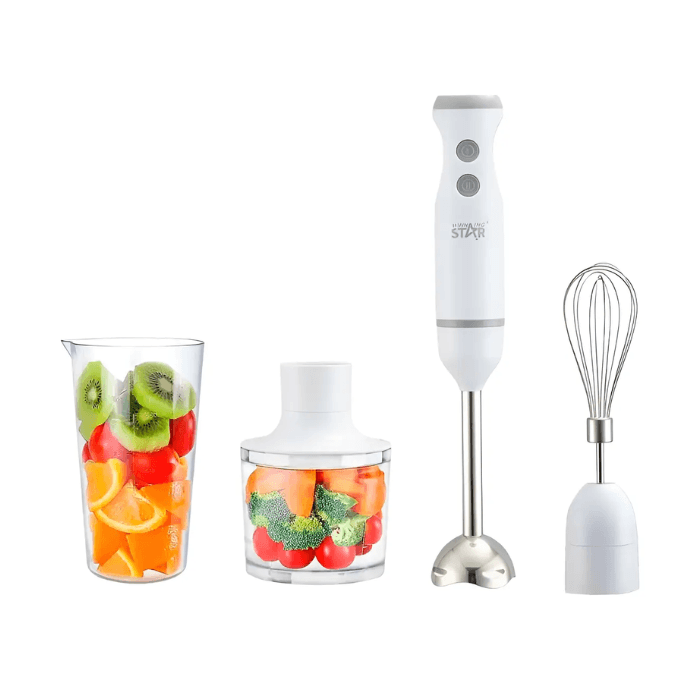 batidora de inmersión 4 en 1 400W Winning Star ST-2281 con accesorios y frutas en vaso.