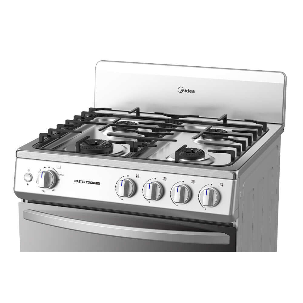 Cocina a gas 24 pulgadas Midea con 4 quemadores de hierro fundido, diseño moderno y eficiente.