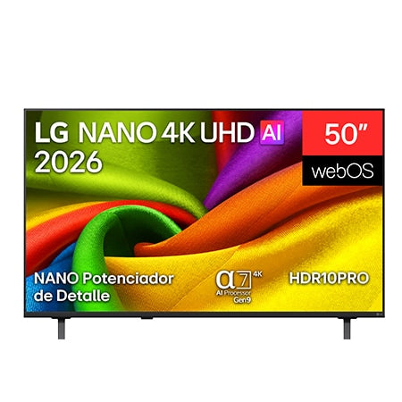 LG Televisor 50" UHD Nano Smart TV 50NU850BPSA display showing vibrant colors and specifications like NANO 4K UHD, HDR10PRO, and webOS 2026.