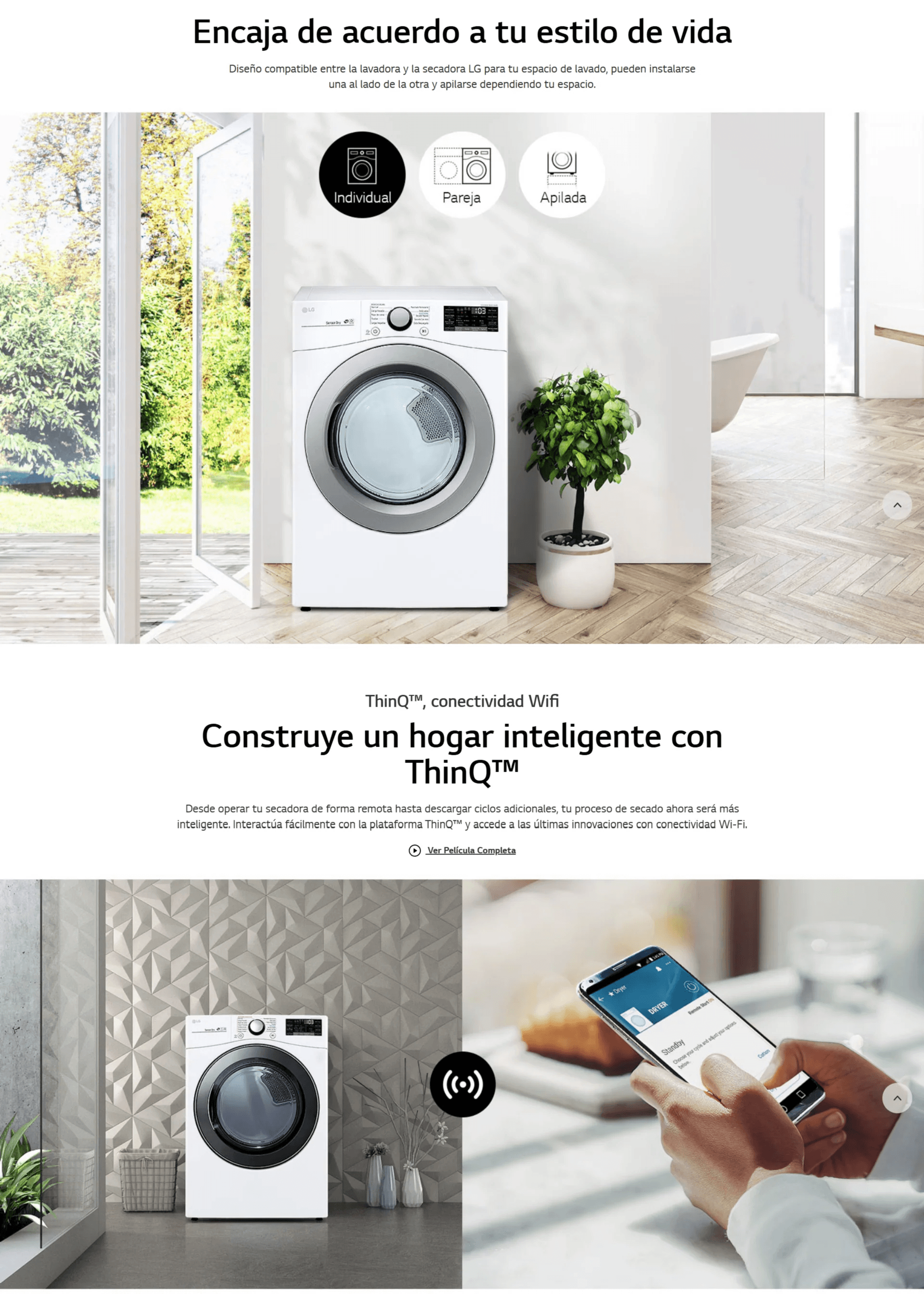 Secadora de gas LG 22 kg DF22WV2R en ambiente moderno y conectado con tecnología ThinQ.