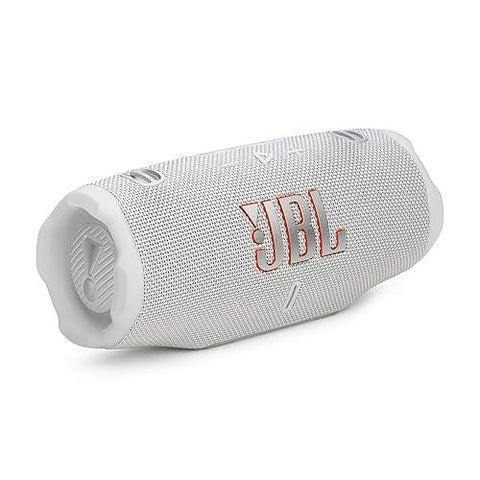 Imagen del parlante JBL Charge 6 blanco, vista frontal de la bocina portátil con diseño elegante y logotipo destacado.