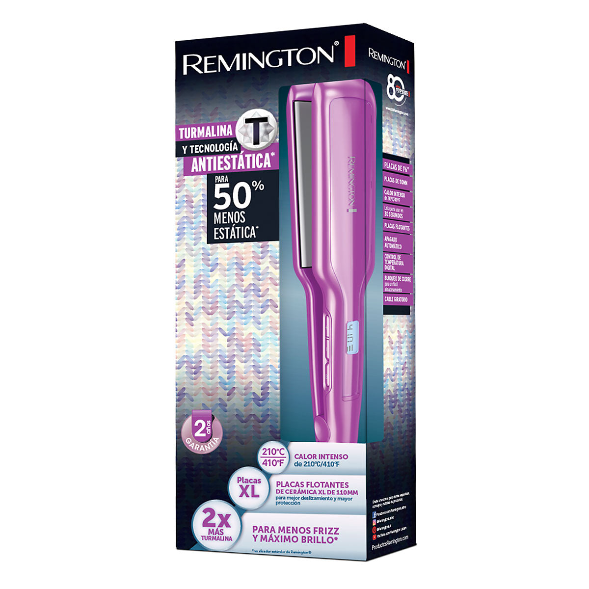Caja de la plancha cerámica Remington S5520 con tecnología antiestática y placas flotantes para alisado rápido.