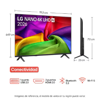 LG Televisor 50" UHD Nano Smart TV 50NU850BPSA mostrando medidas y características de conectividad