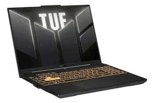 Laptop gaming ASUS FX607VJ encendida con teclado iluminado y logo TUF visible.