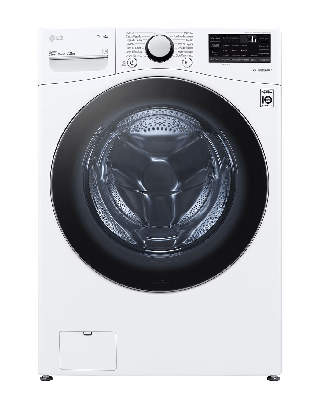 Lavadora frontal carga 22 kg LG blanca con tecnología TurboWash y motor Inverter Direct Drive.