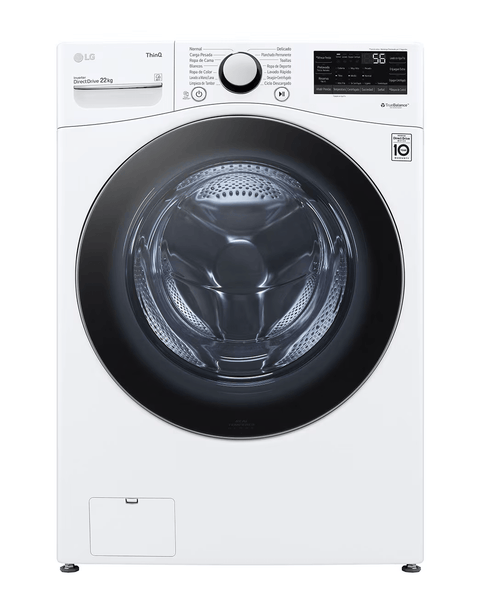 Lavadora frontal carga 22 kg LG blanca con tecnología TurboWash y motor Inverter Direct Drive.