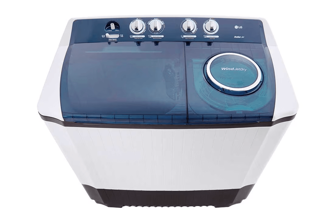 Lavadora LG doble tina 18 kg blanca con tecnología Wind Jet y control de lavado.
