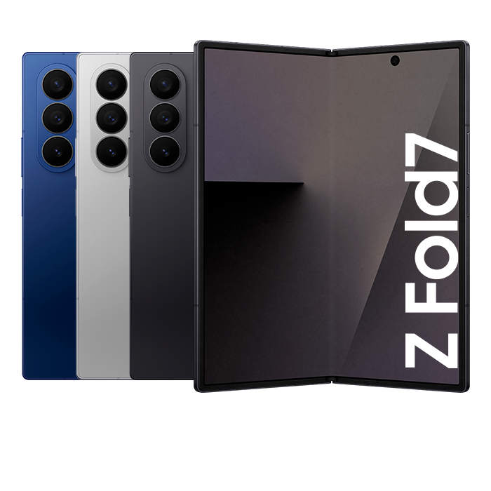 Teléfono Galaxy Z Fold 7 en diferentes colores, mostrando su innovador diseño plegable.