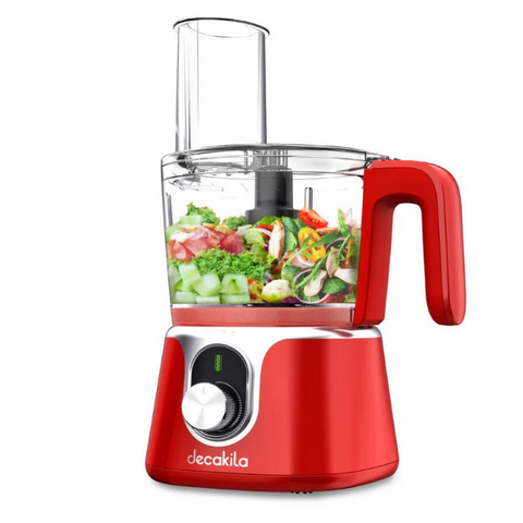 Procesador de alimentos rojo Decakila KMMG005R, 1.25L, 11.1V, en acción con ingredientes frescos. Potencia de 200W y batería integrada.