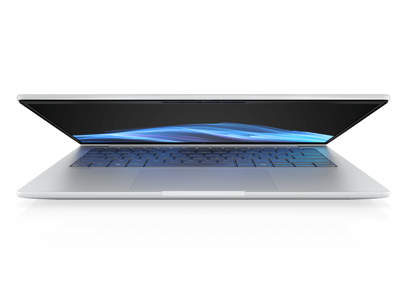 HP EliteBook 8 G1i portátil vista lateral mostrando pantalla táctil y teclado iluminado.