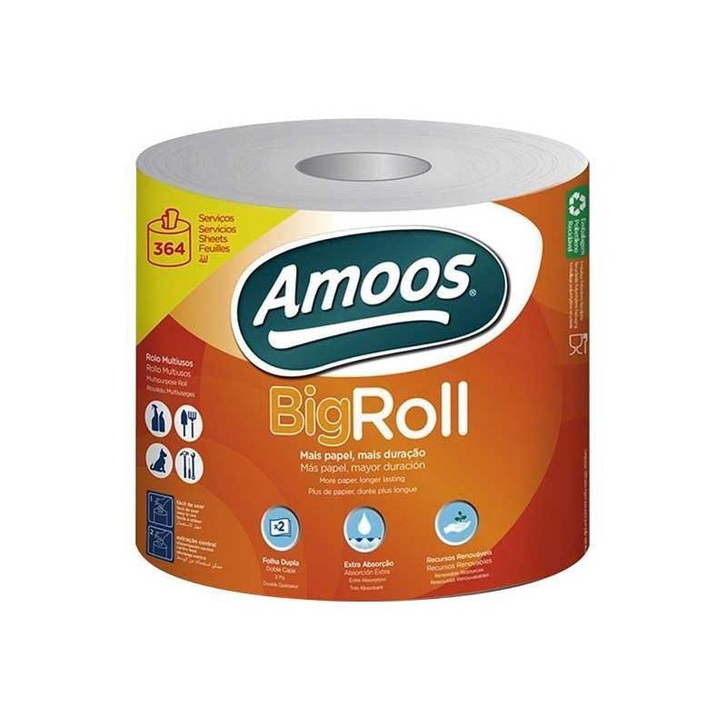 Amoos toalla mayordomo big roll doble hoja 364h paq 6 und J629108.3, papel multiusos con alta resistencia y absorción.