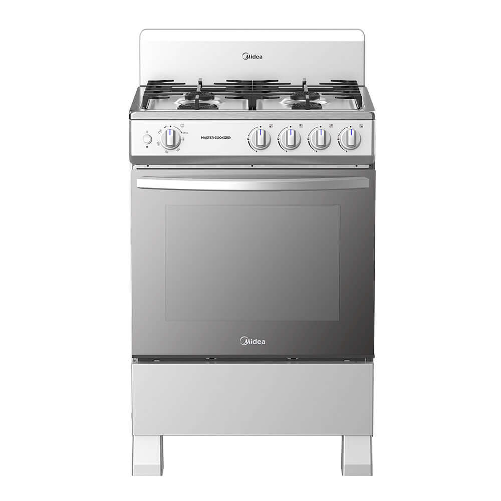 Cocina a gas 24 pulgadas Midea con 4 quemadores de hierro fundido, ideal para cocinar.
