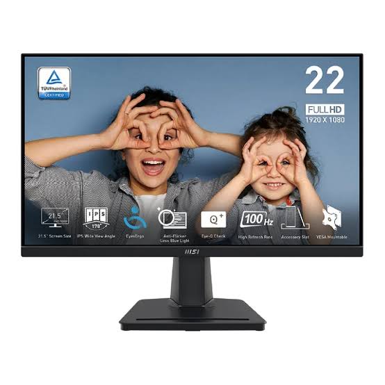 Front view of MSI MONITOR 22" MP225 FLAT 100HZ IPS displaying fun family image on 21.5-inch Full HD screen.