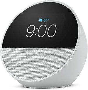 AMAZON ECHO SPOT 2024 BLANCO con pantalla LCD personalizable y Alexa integrada, mostrando la hora y el clima en diseño compacto.