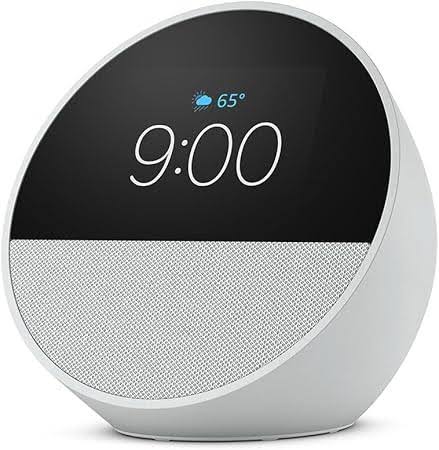 AMAZON ECHO SPOT 2024 BLANCO con pantalla LCD personalizable y Alexa integrada, mostrando la hora y el clima en diseño compacto.