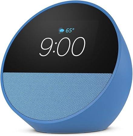 AMAZON ECHO SPOT 2024 AZUL smart alarm clock with Alexa and compact customizable screen displaying time and weather.