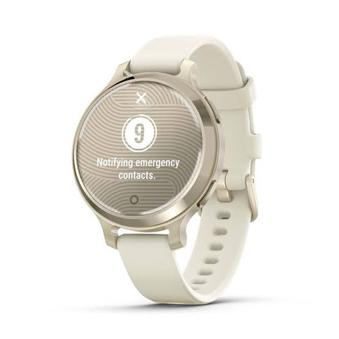 Reloj inteligente GARMIN Lily® 2 Active Dorado con pantalla de notificación de emergencia y diseño elegante.
