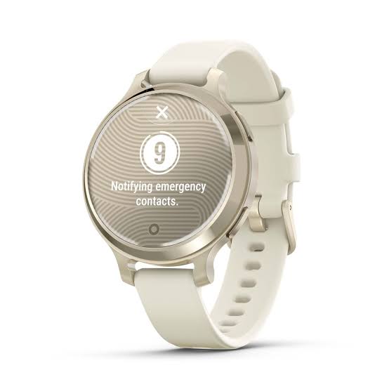 Reloj inteligente GARMIN Lily® 2 Active Dorado con pantalla de notificación de emergencia y diseño elegante.