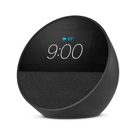 AMAZON ECHO SPOT 2024 NEGRO con pantalla personalizable y Alexa integrada mostrando la hora y temperatura.