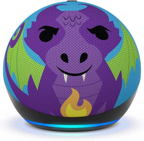 AMAZON ECHO DOT KIDS 5TH GEN DRAGON smart speaker with colorful dragon design and Alexa for children.