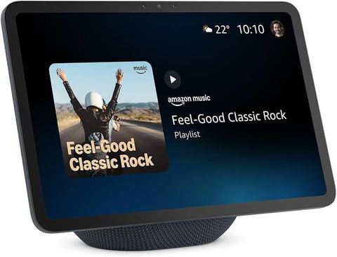 AMAZON ECHO SHOW 11 NEGRO reproduciendo música de rock clásico en su pantalla táctil de 11 pulgadas.