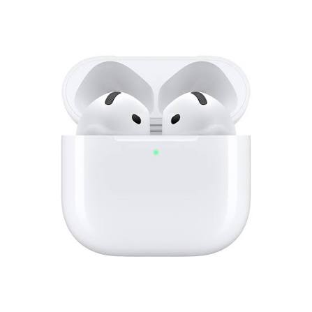 Airpods Apple 4 in charging case providing high-quality sound with H2 chip and USB-C charging for up to 30 hours playback.