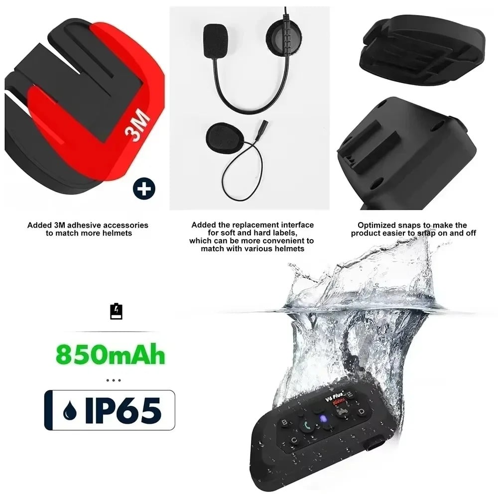 Intercomunicador Para Motocicleta Pack 2 Unidades Largo Alcance - V6 Plus Bluetooth 5.1, 850mAh, IP65, accesorios 3M y micrófono