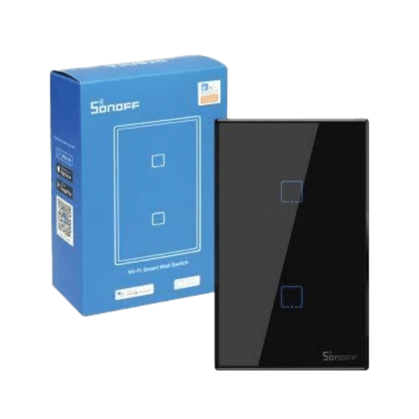Interruptor Inteligente Sonoff Wi-Fi Rf Tx 2 Botones Negro con panel táctil y caja azul