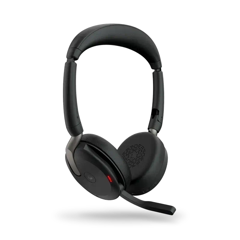 Auriculares Jabra Evolve2 65 Flex con micrófono, portátiles y certificados para reuniones virtuales.