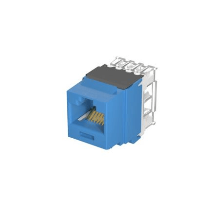 Jack keystone UTP Cat6A azul para instalaciones de red de alto rendimiento y confiabilidad.