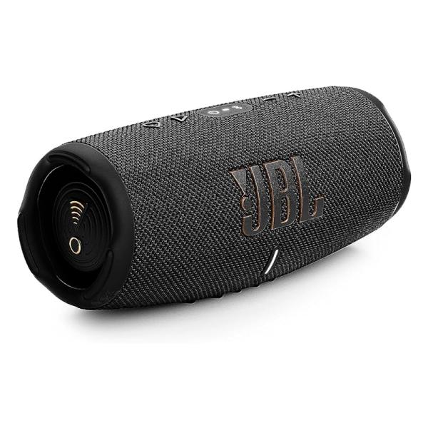 PARLANTE JBL CHARGE 5 40W BLUETOOTH / WIFI A PRUEBA DE AGUA JBLCHARGE5WIFIBAM - parlante portátil negro con logo JBL y woofers laterales