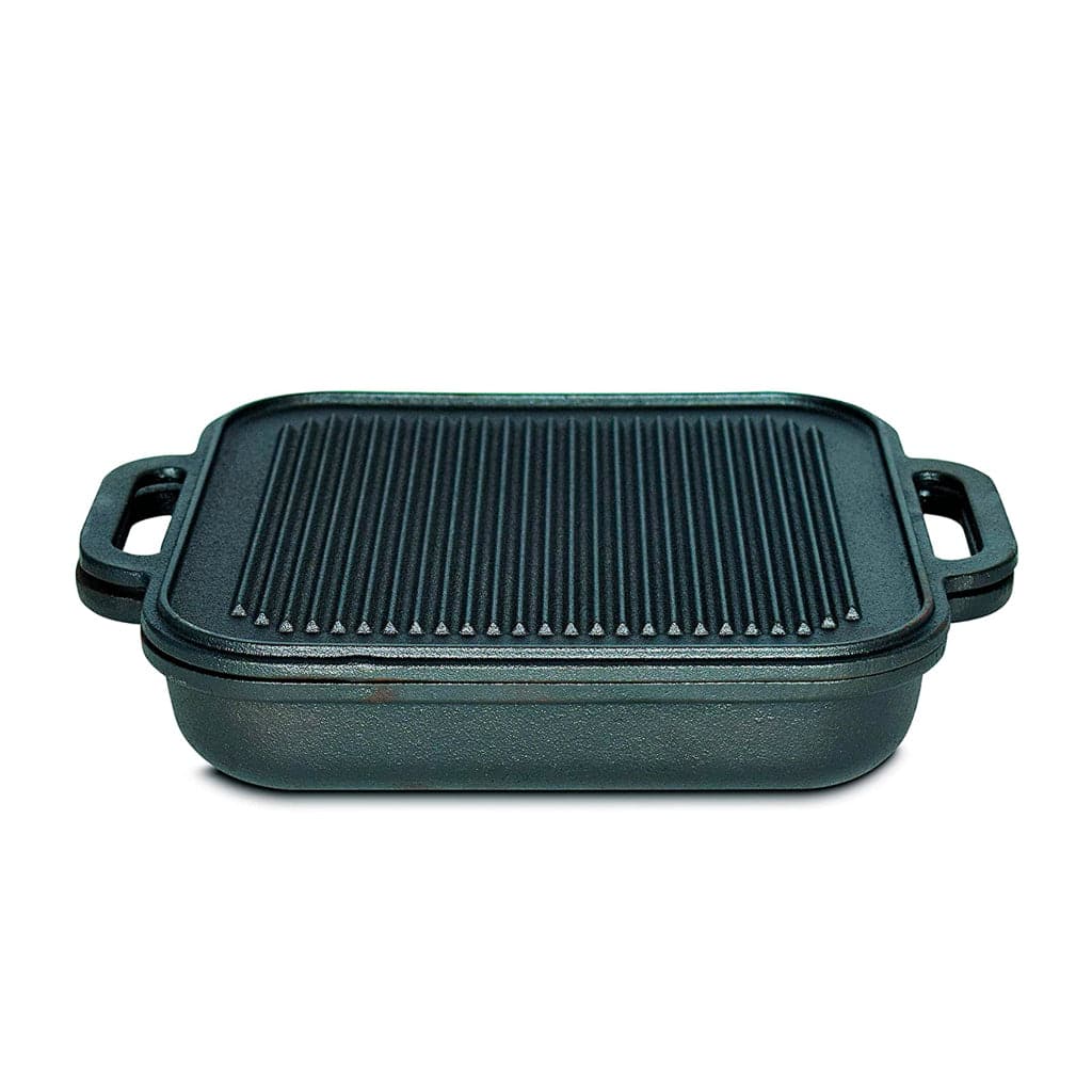 Set  Jim Beam Jb0218 cast iron grill pan with handles, ridged surface for stovetop and oven cooking
